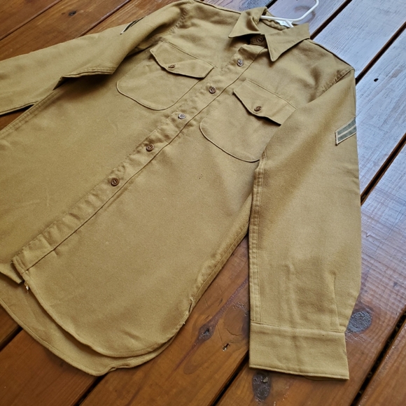 Vintage 50's Korean War men's M/L tan khaki wool long sleeve military shirt - Picture 3 of 10